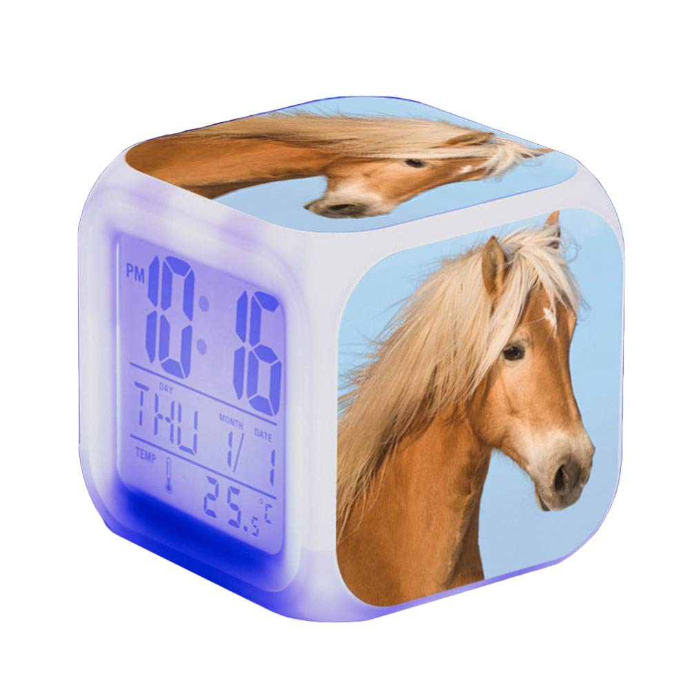 Alarm Clock Horses Animal Alarm Children Illuminated LED Night Glowing Alarm Clock with Light Wake Up Birthday Gifts for Adults (J)