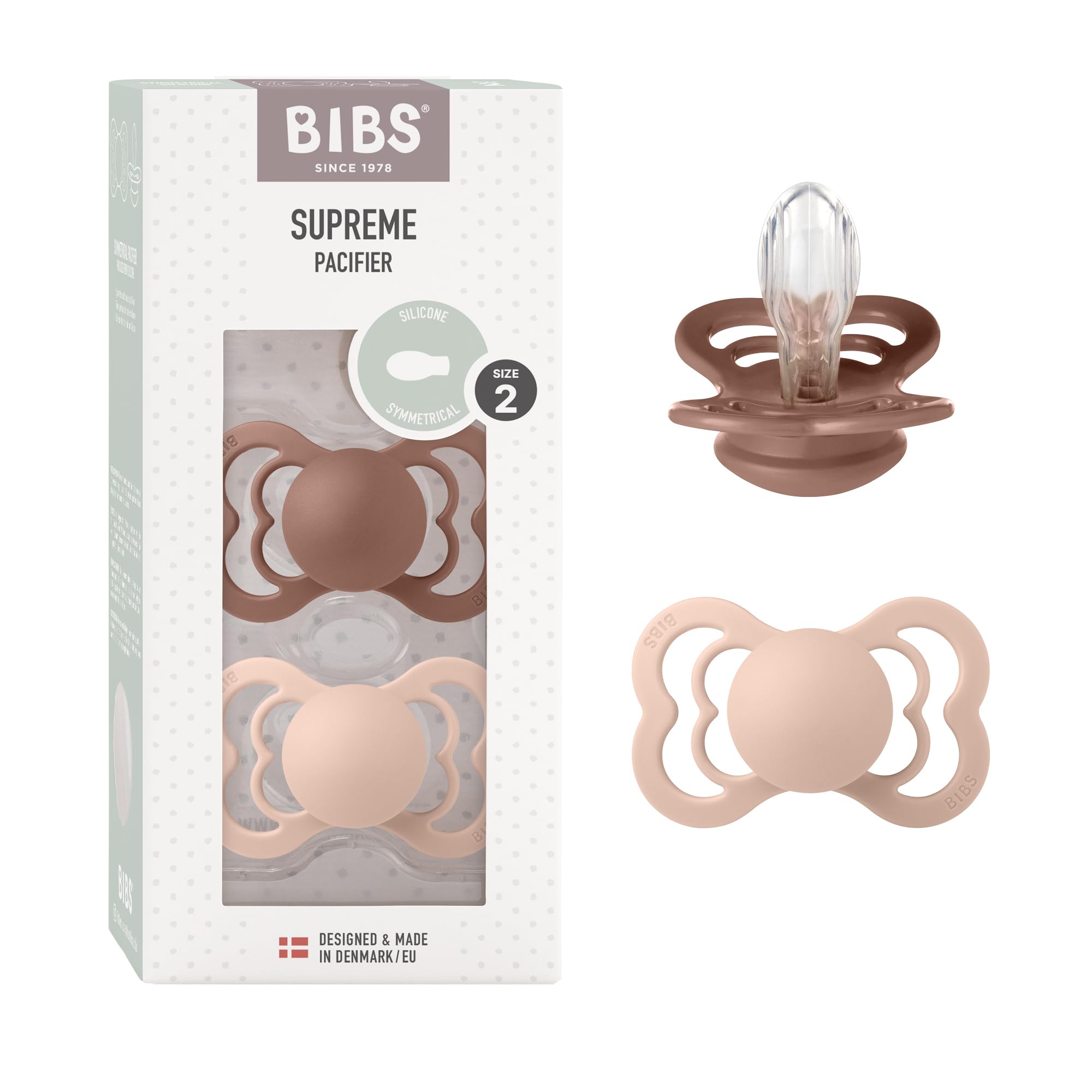 BIBS Supreme Dummies 2-Pack, BPA Free Dummy Pacifier, Silicone Symmetrical Nipple Soother, Size 2 (6-18 Months), Woodchuck/Blush