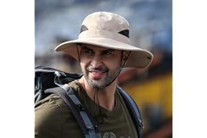 Men's Wide Brim Sun Hat UV Protection Fishing Hat with Breathable Mesh Adjustable Wind Lanyard & Foldable Design for Hiking, 
