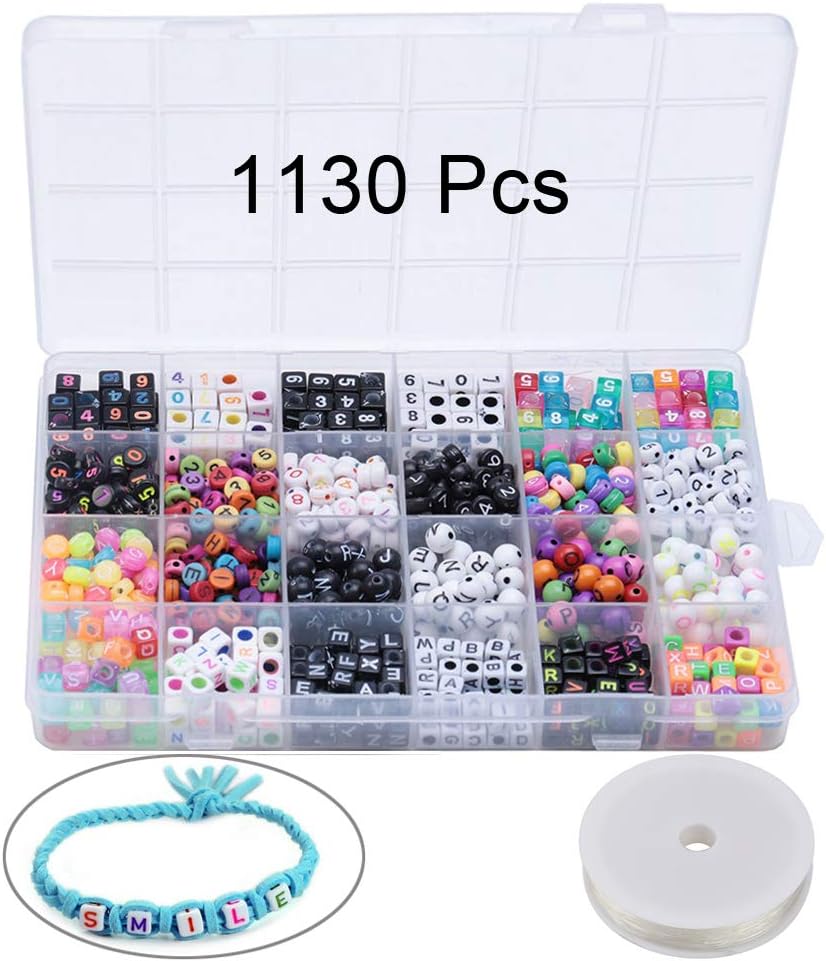 DesignerBox 1130 Pcs Letter Beads, Acrylic Alphabet Beads A-Z Cube Beads Plastic Round Craft Beads with 6M Crystal Stretch Cord for Jewelry Making, Bracelets, Necklaces, Key Chains (7mm) (1130 PCS)