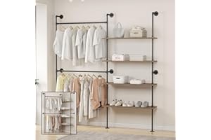 Woskar Industrial Pipe Clothing Rack, Hanging Rods Clothes Rack with Shelves, Clothes Rack for Wardrobe, Corner Closet System for Walk in Closets (Black)