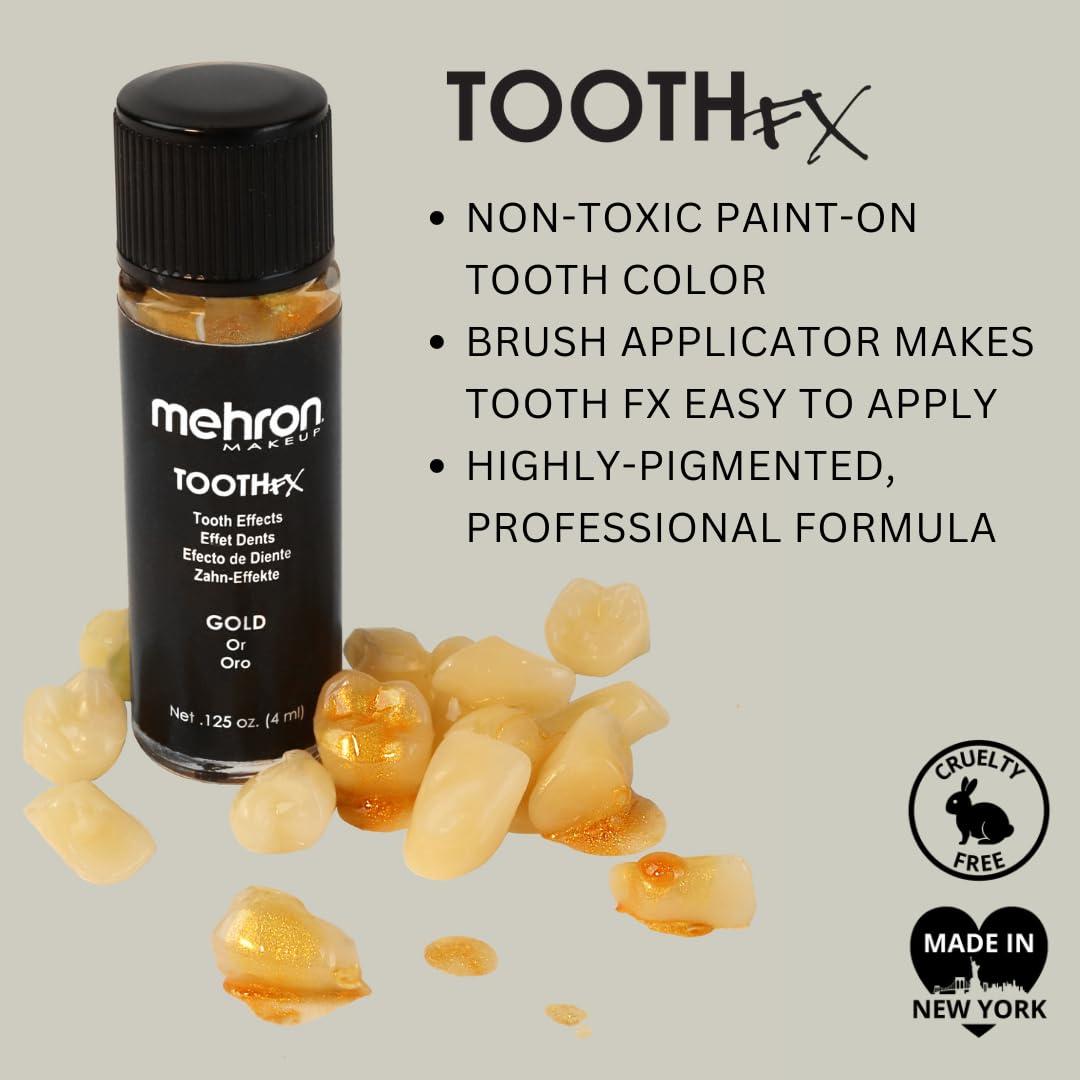 Mehron Makeup Tooth FX Gold | Temporary Tooth Paint | Perfect for Creating Gold Teeth SFX & Pirate Teeth Makeup for Halloween, Costume, Cosplay, & Theater .125 oz (4 ml)