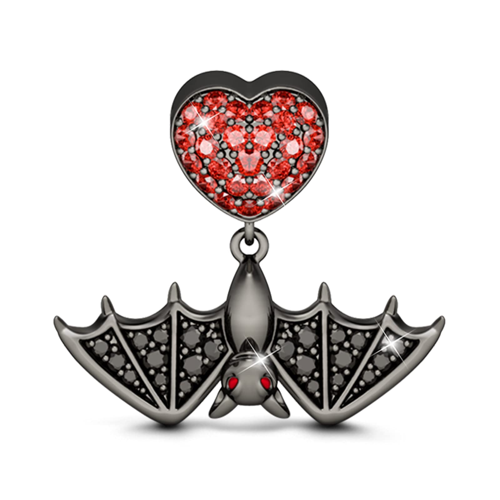 GNOCE Flying Bat Black Charm Bead 925 Sterling Silver "Flying Bat Wonder of Nature" Dangle Charm With Red Heart Fits Bracelet Pendant Necklace Gift for Women Men