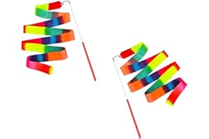 KHYMOHP 2 Pcs Dance Ribbons, Rainbow Ribbon, Rainbow Twirler Stick, 78.7Inch Rhythmic Gymnastics Ribbon, Ribbon Dancer Wand for Kids, Adults, Fits Artistic Dancing Gymnastics, Outdoor Play
