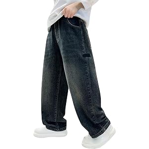 AIMAOMI Boys Baggy Jeans Straight Wide Leg Jean Kids Fashion Elastic Waist Denim Pants with Pocket Trendy Preppy Clothes