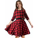 LuckyShe Girls Christmas Dress 3/4 Sleeve Buffalo Plaid Casual Holiday Party Twirl Dresses with Pockets,6-12 Years