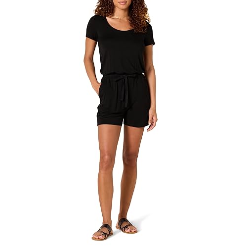 Amazon Essentials Women's Short-Sleeve Scoop Neck Romper, Black, X-Large