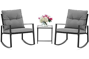 SUNCROWN 3 Piece Outdoor Rocking Bistro Set Black Wicker Furniture Porch Chairs Conversation Sets with Glass Coffee Table, Dark Grey