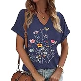 onivison Women's T-Shirts Vintage Flowers V Neck Boho Floral Wildflowers Graphic Tee Casual Cottagecore Short Sleeve T Shirt