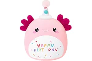 SQEQE Axolotl Stuffed Animal Toy Happy Birthday Axolotl Plush Pink Birthday Plushies Doll Home Decor for Girls Boys Kids 10 I