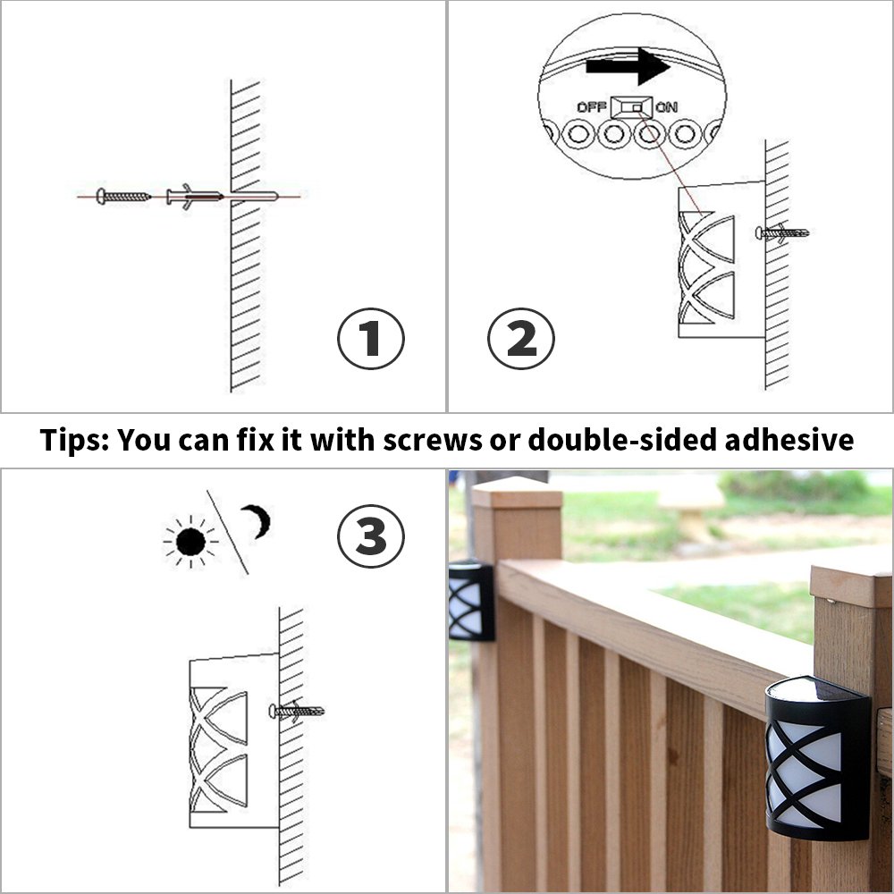 Sunklly Outdoor Solar Fence Lights Waterproof 6 LED Wall Lamp for Porch,Garden,Patio (White Light,Pack of 4)