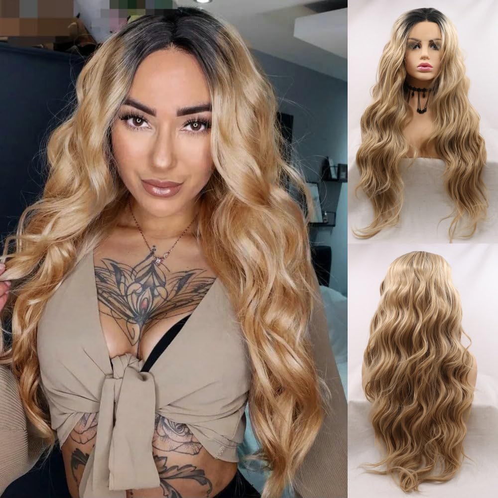SERENEWIG Medium Blonde Synthetic Lace Front Wigs for Women Long Loose Wave Ombre Blonde Ladies Daily Use Cosplay Festival Party Wigs Drag Queen 24" Heat Resistant Fiber