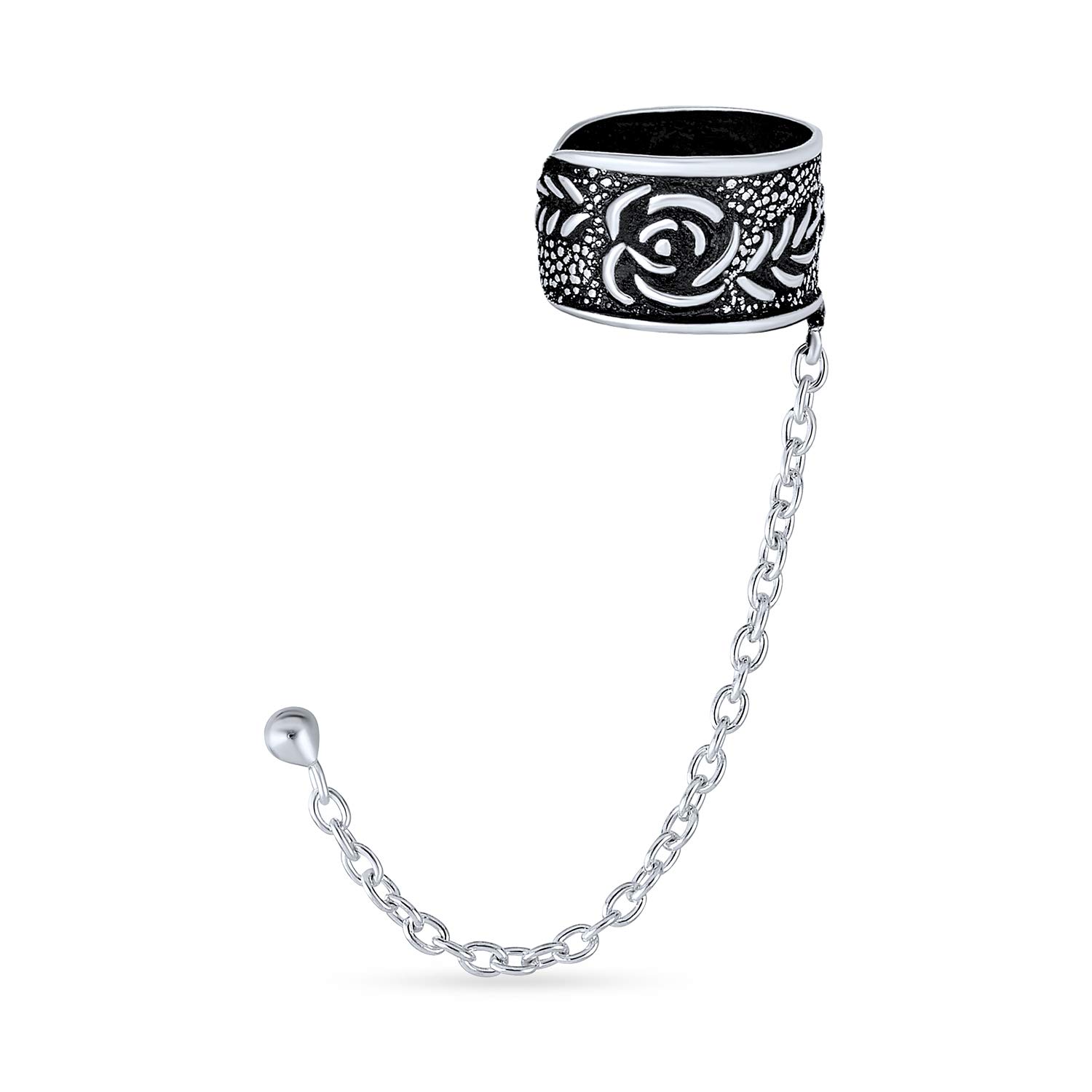 Boho Floral Flower Leaf Rose Wrap Cartilage Ear Cuff Chain Pierced Ear Stud Earring Western Jewelry For Women For Men Oxidized .925 Sterling Silver