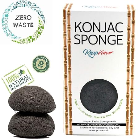Konjac Schwamm Bambuskohle für Unreine fettige Haut - (2stück), Biologisch Abbaubar, Nachhaltiger Schwamm, vegan, zero waste,