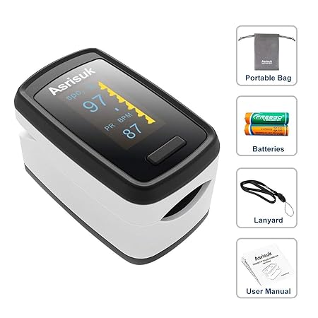 Asrisuk Oximeter Finger Pulsoximeter und Blut Sauerstoffsättigung Messgerät | Schnelle Messung & Hohe Messungenauigkeit | Inkl. Batterien und Trageband