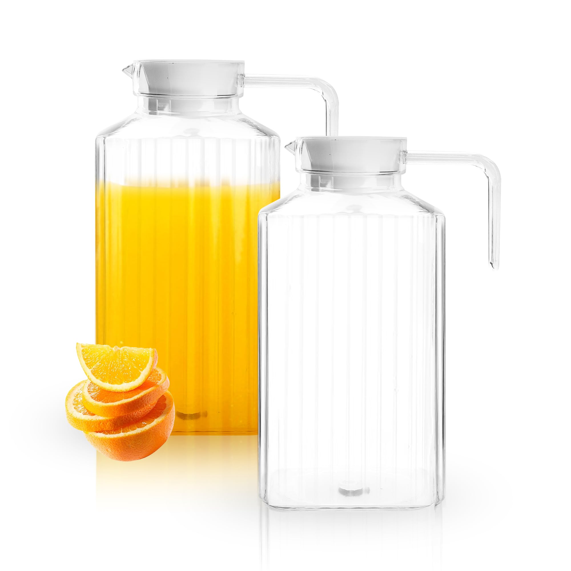 WeeGoo 2 Pack Plastic Pitcher Fridge Jug with Lid, Clear Striped Beverage Drink Pitcher, Plastic Water Jugs for Juice Milk Drinks Tea
