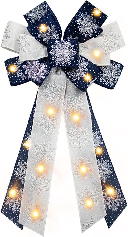 Bows & Ribbons - Hying Large LED Christmas Bows for Wreath, Merry Christmas LED Wreath Bow White Snow Burlap Bows with LED Lights Xmas Tree Topper Bows for Front Door Happy New Year Christmas Party Decoration Supplies