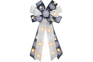 Hying Large LED Christmas Bows for Wreath, Merry Christmas LED Wreath Bow White Snow Burlap Bows with LED Lights Xmas Tree Topper Bows for Front Door Happy New Year Christmas Party Decoration Supplies
