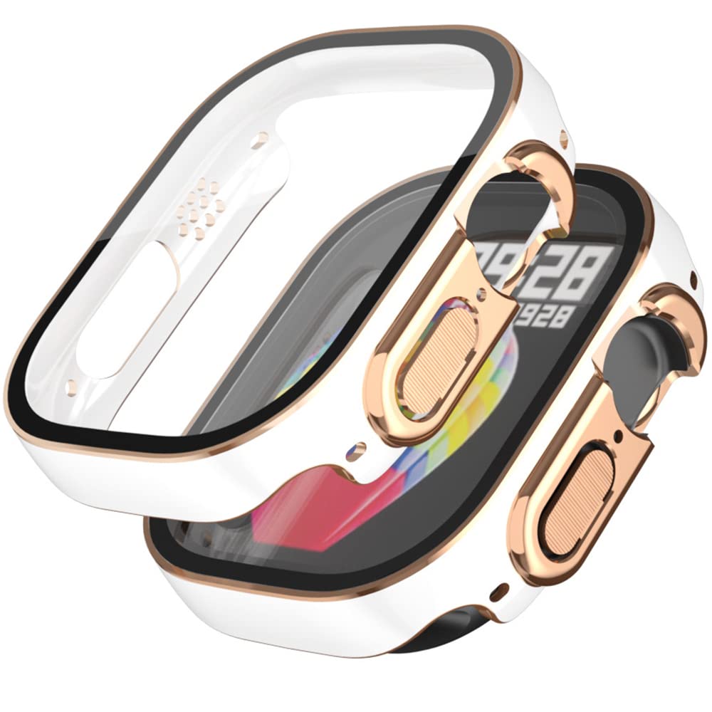 Miimall Case for Apple Watch Ultra 2/1 49mm, Hard PC Bumper with Tempered Glass Screen Protector, Ultra-thin Shell Full Protective Cover for iWatch Ultra/Ultra 2 -White+Rose Gold