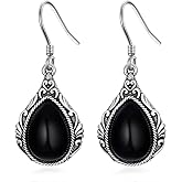 Black Onyx Earrings 925 Sterling Silver Pear Shaped Teardrop Filigree Vintage Black Agate Dangle Drop Earrings for Women Mothers Day Gift for Mom