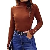 Hyipels Women's Turtleneck Sweater Long Sleeve Fitted Lightweight Soft Knit Pullover with Metal Buttons