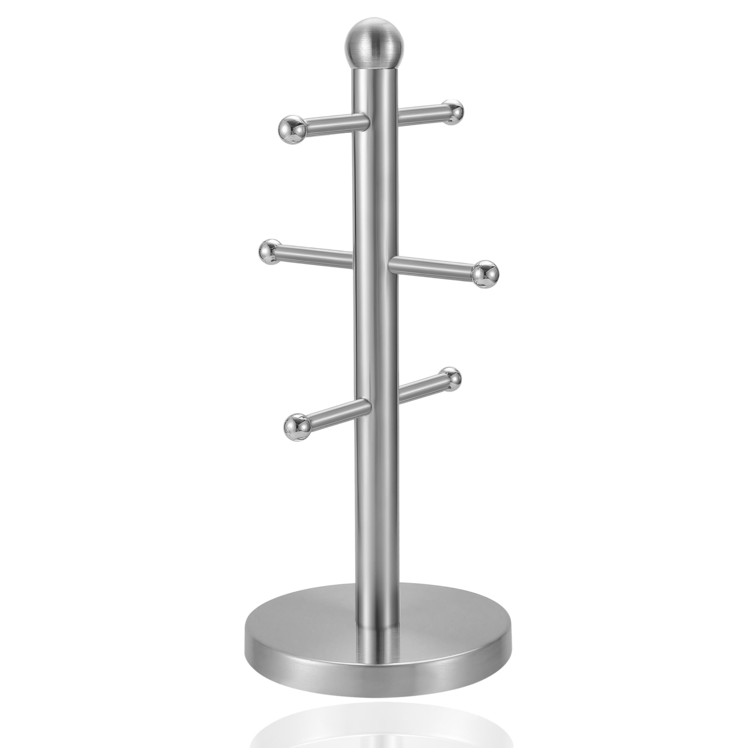 UNIQUE CRAFTS Mug Hanger Stand Tea Coffee Cup Holder with 6 Hooks | Modern Silver Mug Tree for Kitchen Storage and Organization | Durable Stainless Steel Countertop Rack | Space-Saving Cup Organizer
