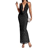 KUTUMAI Women V Neck Long Formal Dress Floral Bodycon Maxi Split Back Dresses Sexy Sequin Evening Cocktail Party Gown