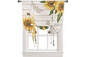 ARTSHOWING Sunflower Tie Up Curtain for Kitchen Adjustable Balloon Window Shade 45 Inch Length Sunflower and Bee on Vintage Wooden Board Rod Pocket Curtain Drape for Bedroom Living Room 34"x45" Valance