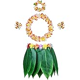 Leaf Hula Skirt and Hibiscus Leis Set Hawaiian Costumes for Beach Luau Party