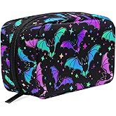 MNSRUU Small Cosmetic Bag for Girl Women Travel, Halloween Luminous Bats Makeup Toiletry Organizer Bags with Compartments
