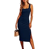 Valiamcep Women's Summer Midi Bodycon Dresses Basic Square Neck Side Slit Ribbed Knit Fitted Casual Sleeveless Tank Dress