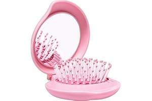Arthaxi Travel Hair Brush and Mirror for Purse, Mini Hair Brush with Mirror Set for Girls, Small Pocket Mirror and Folding Brush Combo for Backpack, Gifts for Girls, Pink