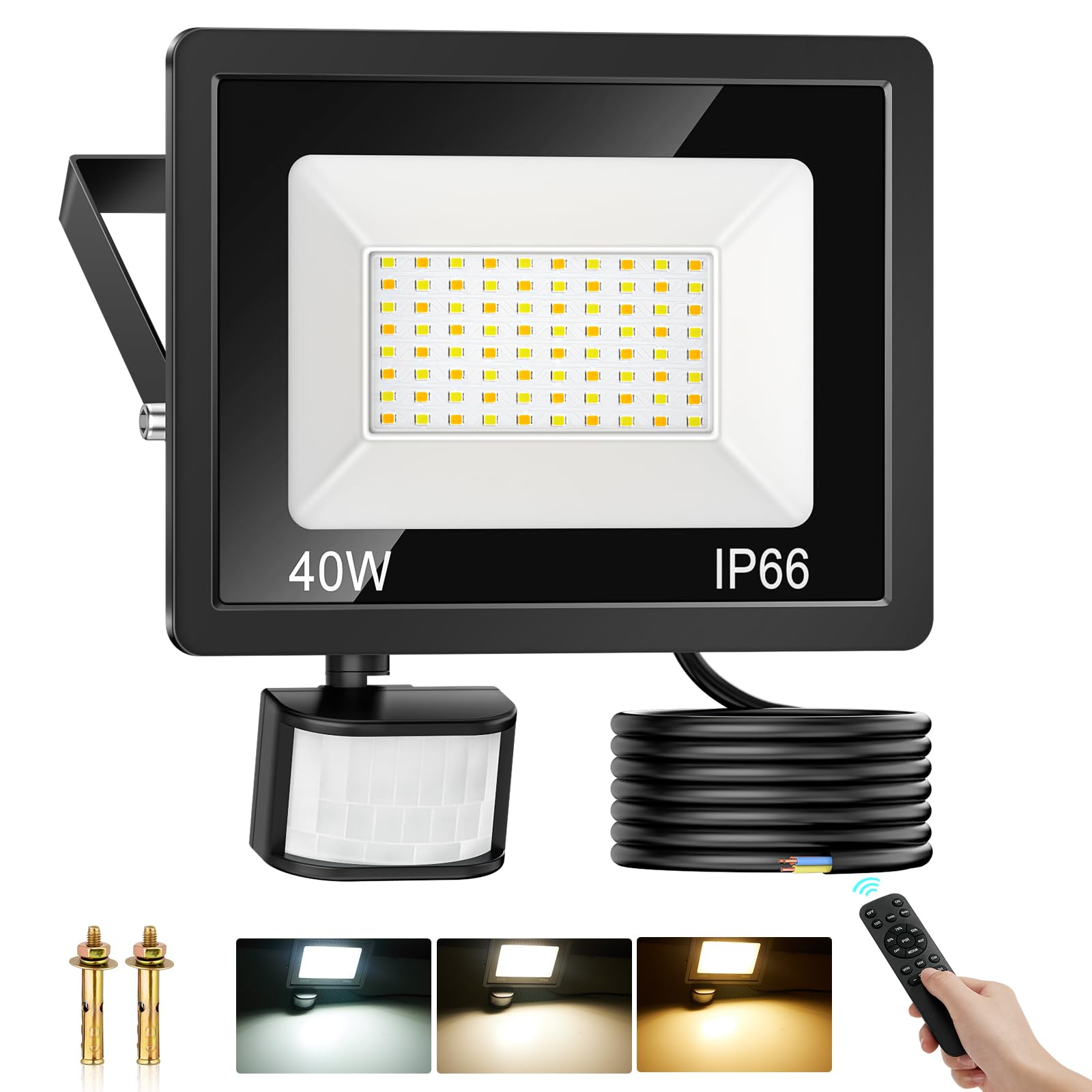 40W Security Lights Outdoor Motion Sensor, 4500LM PIR Sensor Security Light Dimmable 3000K 4000K 6500K, IP66 Waterproof LED Floodlights Outside Light with Remote Control for Garden Backyard Garage
