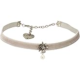 Alpenflüstern Velvet Choker Rhinestone Edelweiss with Pearl (grey) | Traditional German Necklace for Women | Elastic | Original Bavarian Jewelry for Dirndl Costume Dress & Oktoberfest