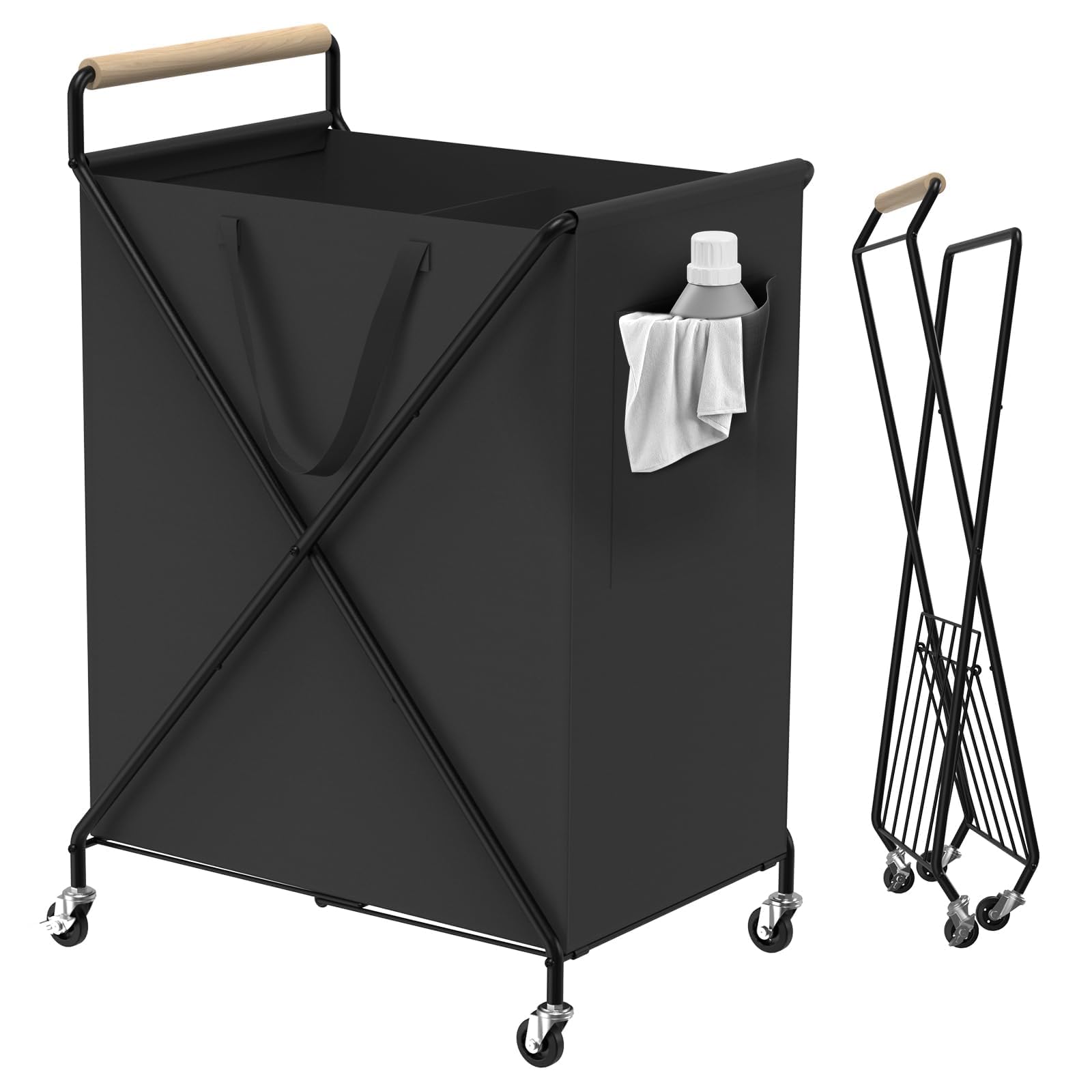 Photo 1 of Foldable Metal Laundry Basket with Wheels, 2-Section Rolling Laundry Hamper, 37 Gallons (140L), Only 4LB, Removable Liner, Steel Frame with Handle