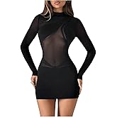 SHENHE Women's Sheer Mesh Sexy Dress Long Sleeve Mock Neck Bodycon Party Night Mini Dress