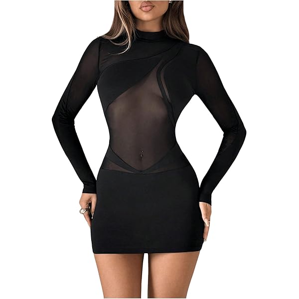 Long Sleeve Sequins Lace Mini Dress for Women High Waist Backless Bodycon  Party Night Robes Black S at Amazon Women's Clothing store