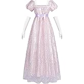 LTAKK Regency Dress Women Regency Costume Empire Waist Tea Party Embroidery Victorian Gown with Sash and Gloves