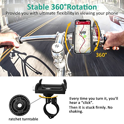 Bike Phone Mount, Bovon 360°Rotation Aluminum Alloy Bicycle Phone Holder, Universal Motorcycle Handlebar Rack Fits iPhone X, 8/8 Plus, 7, 6/6s Plus, Galaxy S9/S9 Plus, S8/S8 Plus, 3.5"-6.2'' (Black)