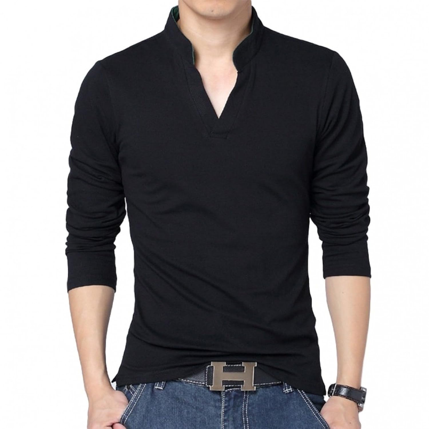 lionroar men's cotton long sleeve chinese collar polo neck t-shirt for men