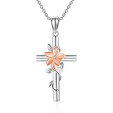 Flower Cross Necklace 925 Sterling Silver Carnation/Rose/Lily/Daisy Cross Necklace Birth Flower Jewelry for Women
