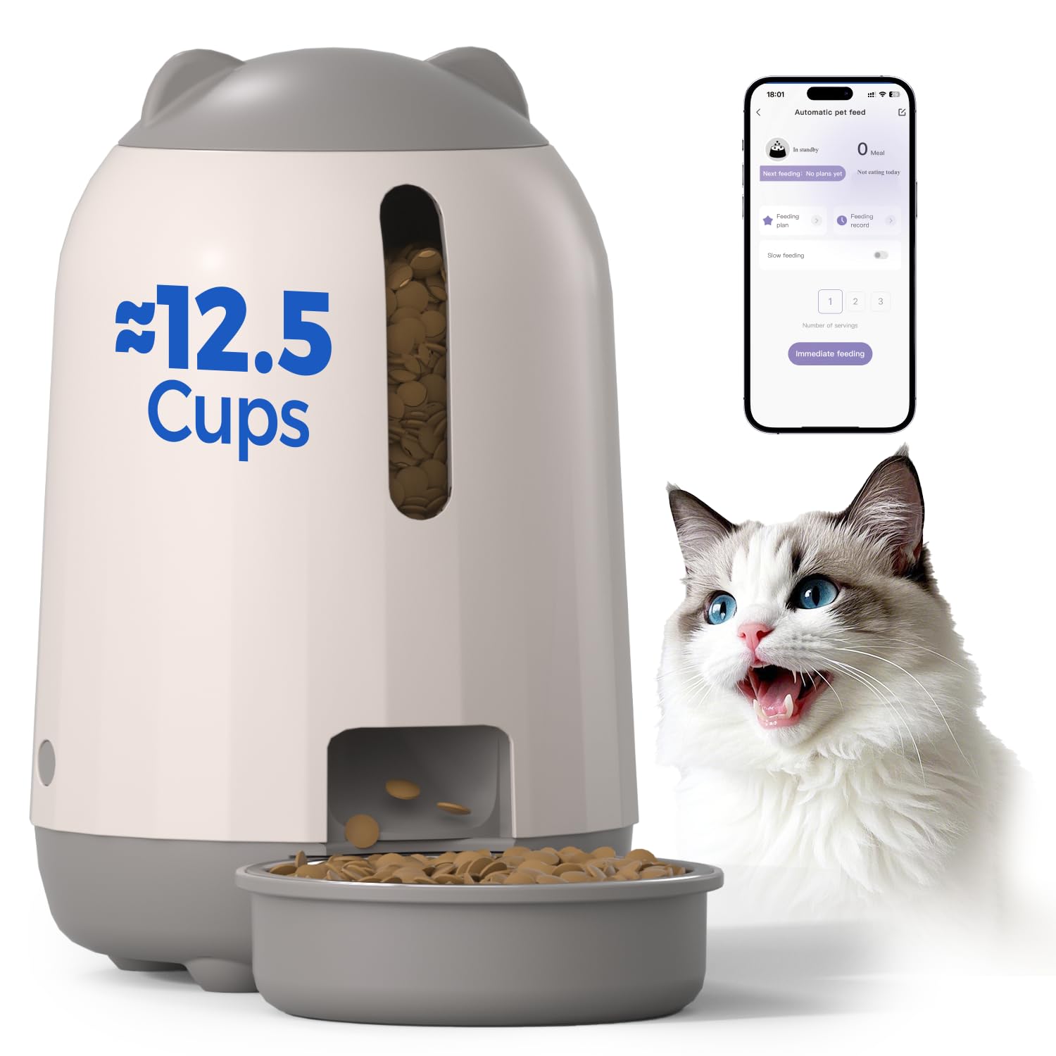 Photo 1 of ***(HEAVILY USED/ MINOR DAMAGE)***PAPIFEED Automatic Cat Feeder, 2.4G WiFi Auto Cat Food Dispenser with App Control, 3L Auto Pet Feeder with Dual Power Supply, Detachable for Easy Clean for Cats and Small Dogs, Grey