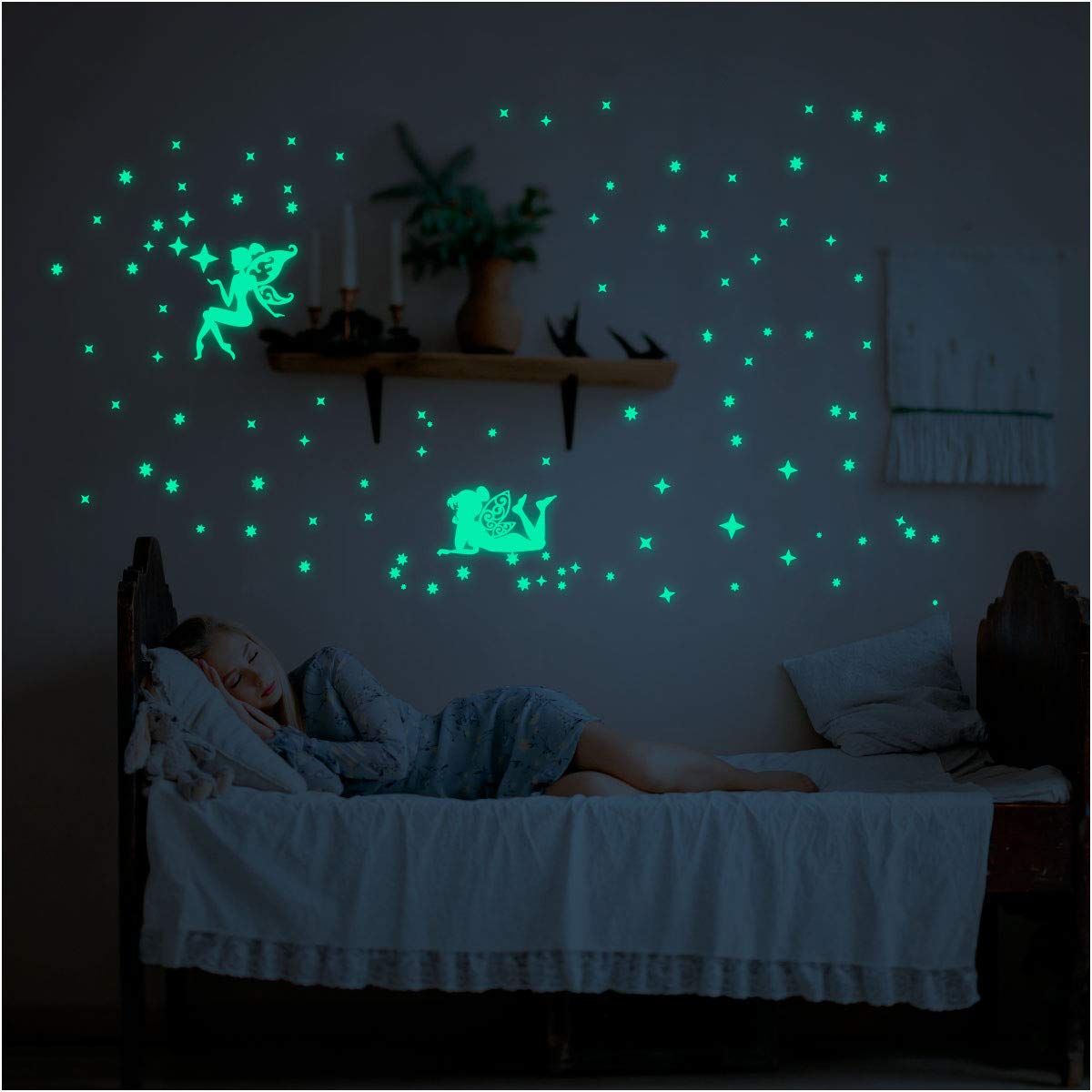 Adhesif Mural De 55cm X 25cm 2 Grands Stickers Phosphorescent Fees Decoration Pour Chambre Bebe Et Enfant 100 Etoiles Autocollant Fluorescent Et Lumineux Jusqua 5 Heures De Suite Ameublement Et Decoration Decoration