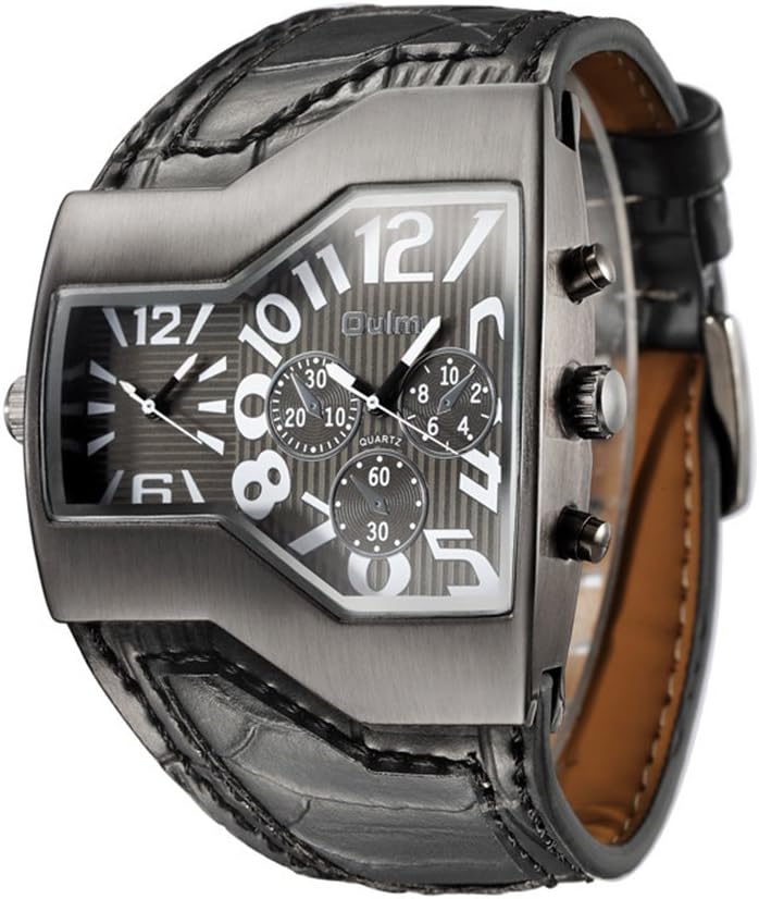 Mens Military Sports Watch Army Dual Time Movt Quartz Wristwatch with Leather Band Decorative Sub-dials