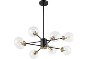 WINGBO 8-Light Modern Chandelier, Sputnik Pedant Light Fixture with Large Clear Glass Globe Shade for Flat and Slop Ceiling, Height Adjustable for Kitchen Living Room Dining Room Bedroom, Black