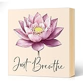 JQYCJTR Just Breathe Inspirational Wood Block Plaque Box Sign for Home Living Room Coffee House Bar Shelf Table Decoration, Lotus Flower Meditation Art Decor Gifts for Women Friends Yoga Teacher