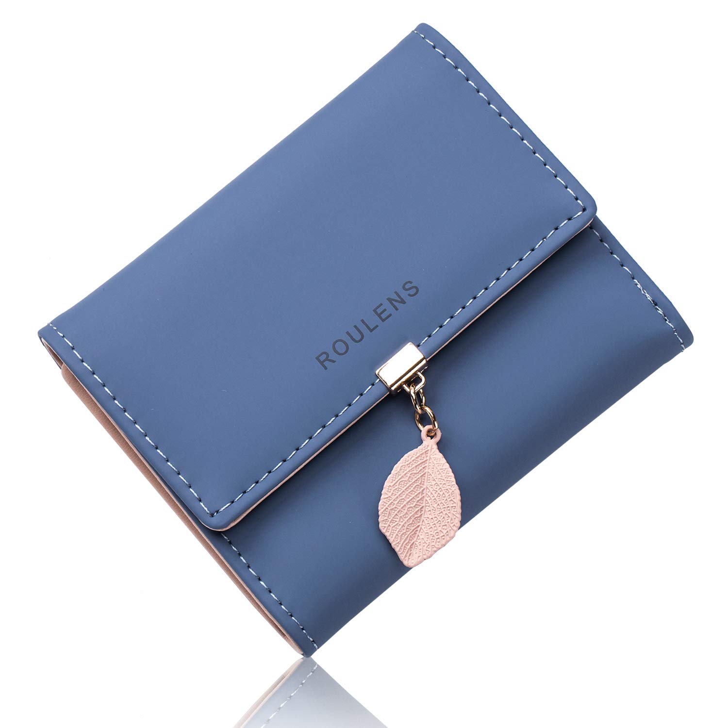 Roulens Ladies Purse, RFID Blocking PU Leather Wallet for Women Leaf Pendant Zipper Coin Purse with Multiple Card Slots and Roomy Compartment