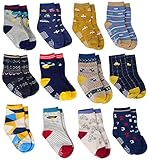 12 Pairs Baby Boys Socks Cotton Non Skid with Grips, Toddler Boy Anti-skid Socks (12 Colors - Car, Plane, Bike, Dinosaur, 12-36 Months)