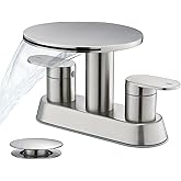 Waterfall Bathroom Sink Faucet 3 Hole Brushed Nickel,Modern 2 Handle Vanity Faucet for Bathroom Sink 4 inch Centerset with Round Shelf & Metal Pop-Up Drain