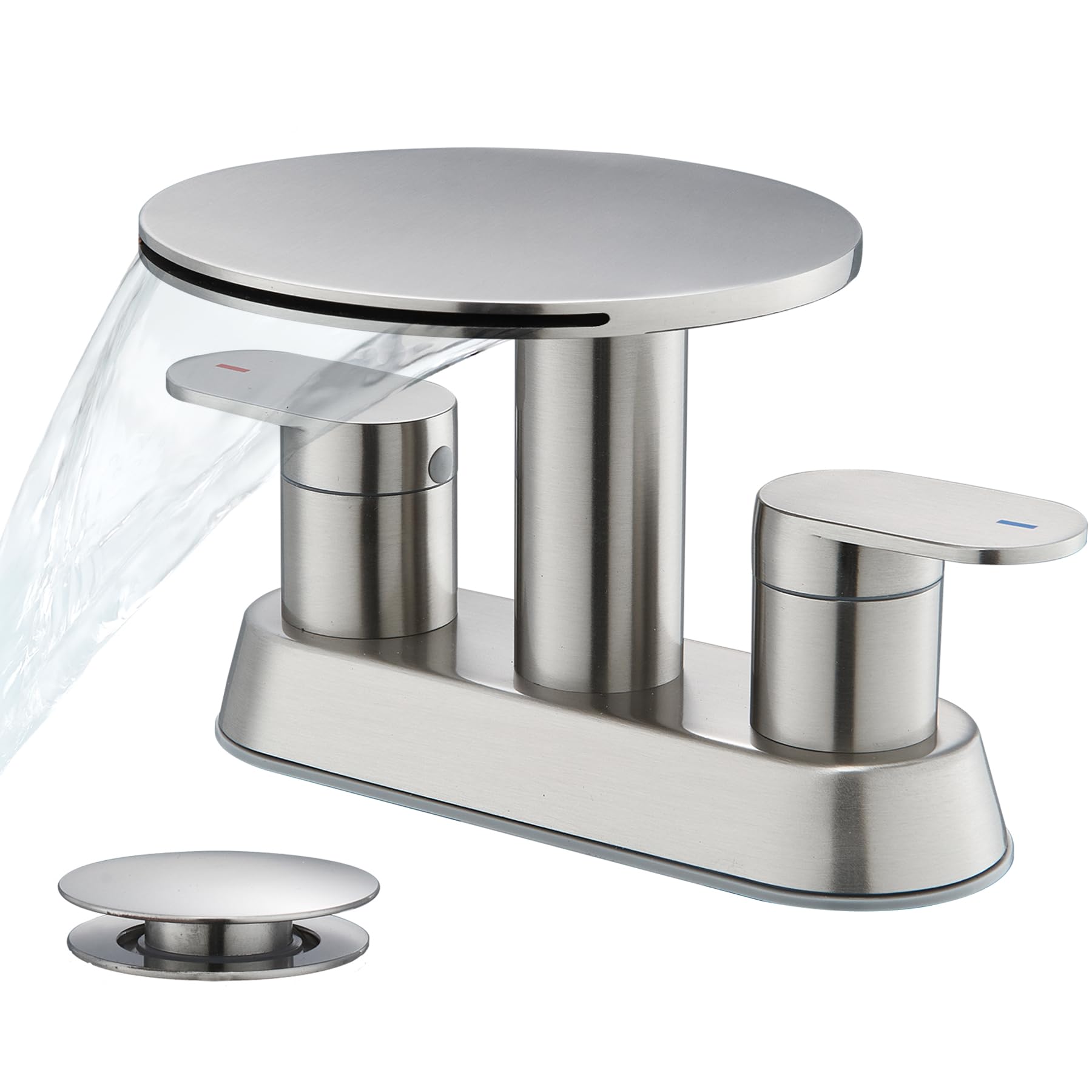 Photo 1 of Waterfall Bathroom Sink Faucet 3 Hole Brushed Nickel?Modern 2 Handle Vanity Faucet for Bathroom Sink 4 inch Centerset with Round Shelf & Metal Pop-Up Drain